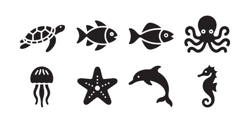 Collection of common marine animals including turtle, fish, octopus, starfish, dolphin, seahorse © FARJANAAKTER