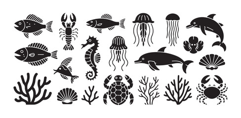 Set of sea animals marine life creatures fish lobster dolphin crab coral jellyfish seahorse icons © FARJANAAKTER