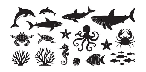 Marine animals collection dolphin shark whale turtle octopus crab seahorse starfish coral icons © FARJANAAKTER