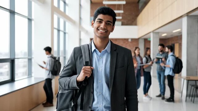 Portrait of a confident young indian male student smiling in a modern university hallway. Ambitious scholar with a backpack ready for academic success and a bright future