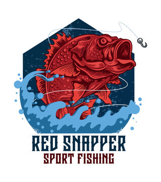 T-shirt design  Illustration of a red snapper fish jumping out of water with fishing hook and waves for sport fishing concept design T-shirt Design