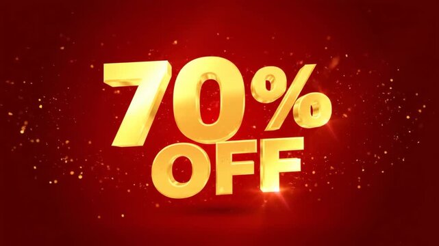 Golden 70 percent off text animation sequence with a sparkling particle effect. Big sale and special discount number for retail advertising or promotional campaigns