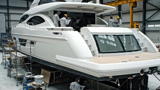 Male workers in a shipyard assembling a luxury motor yacht. Industrial manufacturing process of a large vessel in a modern factory showing specialized equipment and craftsmanship