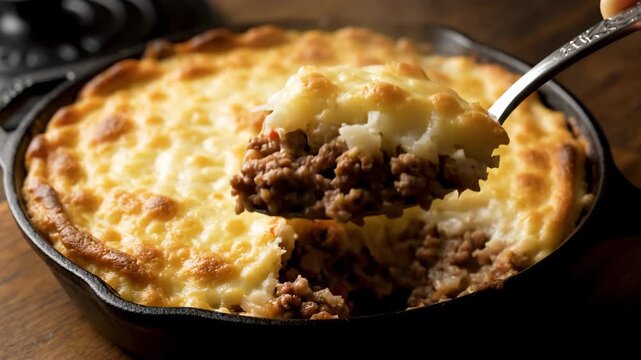 Hearty homemade shepherd's pie served hot from a cast iron pan in a three-frame sequence. A fork lifts a perfect bite of the savory ground meat and creamy mashed potato topping