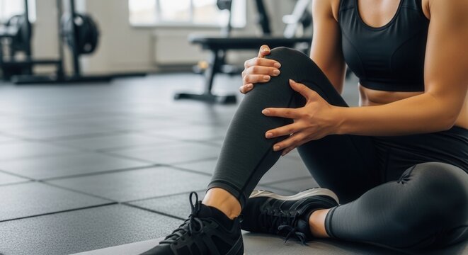 Injured woman sitting on gym floor holding her painful leg. Concept of muscle cramp, shin splints, and joint trauma. Female athlete resting after sports injury during fitness workout.