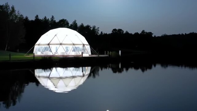 Illuminated geodesic dome reflecting in lake at night, landscape, water, trees.
