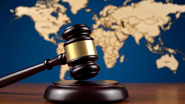 Sequence of a judge gavel striking a block symbolizing a final court decision. Concept of international law and global justice with a world map for worldwide authority