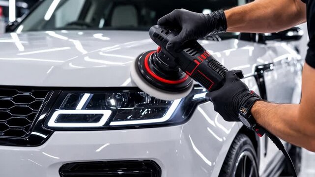 Professional auto detailer polishing car. Car detailing concept. Auto cleaning and polish.

