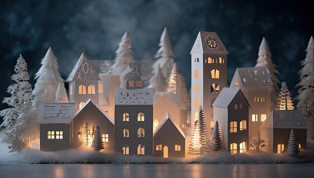 Illuminated paper village scene with snow and trees at night