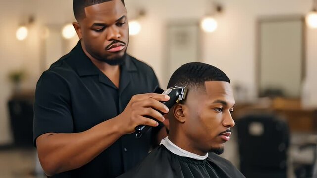 Barber cutting a mans hair.