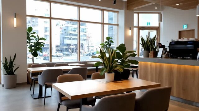 Interior of a modern empty coffee shop with minimalist wooden furniture. Bright and spacious cafe design with large windows and green plants for a cozy urban ambiance
