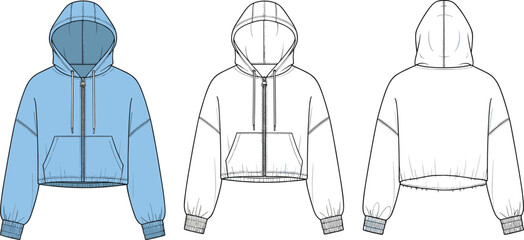 Cropped zip hoodie CAD drawing flat vector illustration with front side back views technical womens apparel fashion design template © MdNur