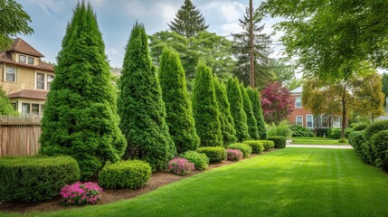Obraz premium Lush Green Landscape with Evergreen Trees and Colorful Flower Beds in a Serene Neighborhood Setting