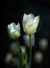 Garden design, bloom and growth with tulips, flower or plant for natural development in nature. White, roses or outdoor petals with leaves, stem or floral blossom for ecology or photosynthesis