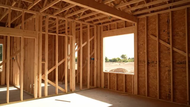 Interior view of a new residential home during the framing stage of construction. Exposed wooden studs, beams, and joists create the structure of the building