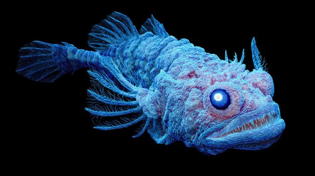 chimaera. A deep-sea chimaera glowing with bioluminescent forehead lights in the dark ocean abyss. wildlife magazines, conservation campaigns, designed for eco-tourism storytelling.