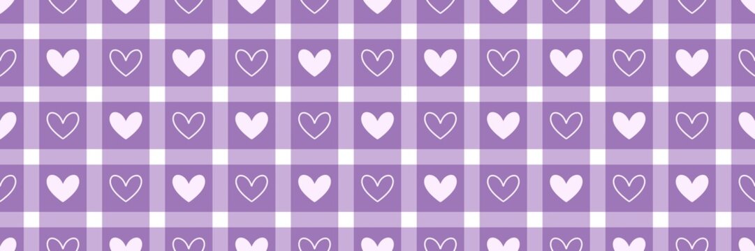 Purple gingham plaid seamless pattern background with cute white hearts. Romantic checkered fabric texture for Valentine's Day, scrapbooking, and textile design.