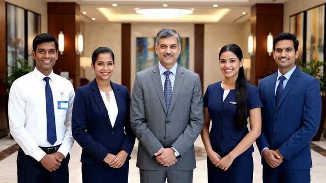 A diverse team of indian hotel staff standing together in a modern lobby. Professional group portrait of smiling hospitality workers ready to welcome guests and provide service