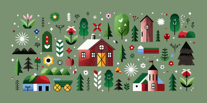 Whimsical illustration of a village nestled among stylized plants and trees