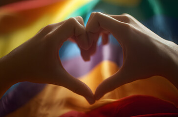 Fototapeta premium A heart sign is being made by hands in front of the rainbow flag.