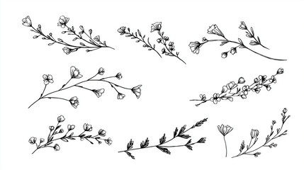 Hand Drawn Botanical Floral Line Art Set &ndash; Minimalist Flowers and Leaves Vector Illustration Collection