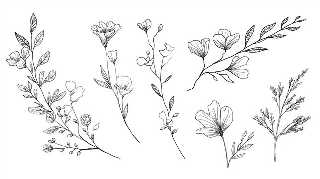 Hand Drawn Botanical Floral Line Art Set &ndash; Minimalist Flowers and Leaves Vector Illustration Collection