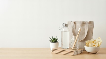 Zero waste lifestyle items on wooden table. Reusable glass water bottle, bamboo toothbrush, cotton tote bag, succulent, and beeswax wrap for Earth day. Eco friendly home supplies for sustainable life