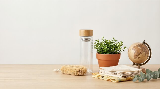 Glass bottle, plant in pot, globe, and brush on wooden surface. Items for zero waste lifestyle and sustainable living. Eco friendly concept for Earth day celebration to protect nature and environment