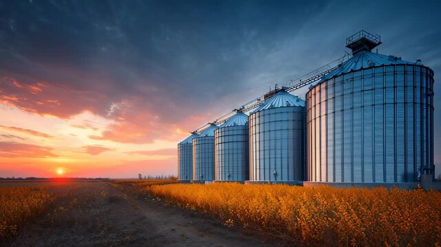 Sunset over farm silos with yellow flowers in field at dusk