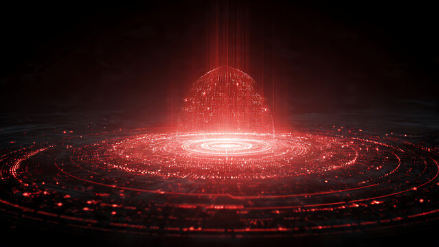 Abstract visualization of a significant cyberattack or data breach, illustrating a glowing red digital explosion and data flow in a complex network structure