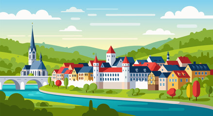 Charming European Town Vector Illustration Scenic River and Lush Hills with a Picturesque Village Landscape