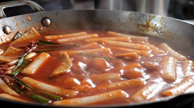 Spicy Korean rice cakes bubbling in a rich red sauce, a delicious comfort food dish.