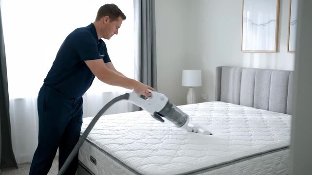 Caucasian adult male cleaner in uniform deep cleaning a bedroom mattress with professional equipment. Housekeeping service providing sanitation for dust mite removal and allergy prevention