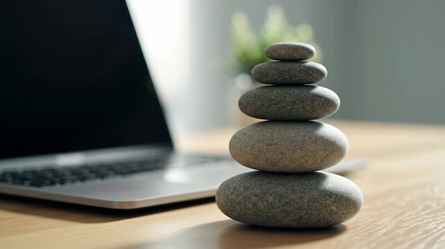 Zen stones stacked in a pyramid on an office desk next to a laptop. Concept of work life balance, stability, and mindfulness in a modern corporate environment