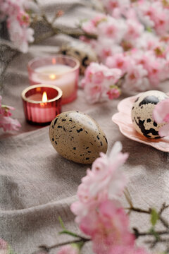 easter eggs on the table. festive table decoration