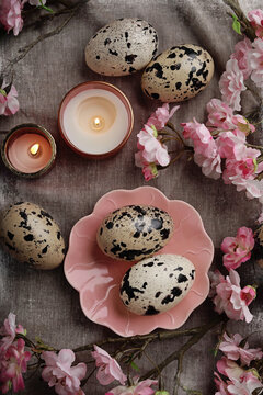 easter eggs on the table. festive table decoration