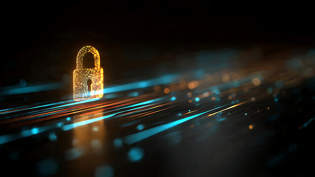 Gleaming Digital Padlock Illuminating Abstract Data Streams in a Futuristic Cyber Environment, Symbolizing Advanced Information Protection and Network Security
