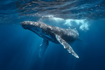 Fototapeta premium A baby Humpback Whale is playing near the surface in blue water