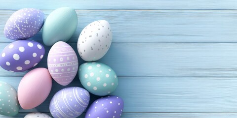 colorful easter eggs arranged on a wooden background. colorful easter egg pattern on a blue wood table.