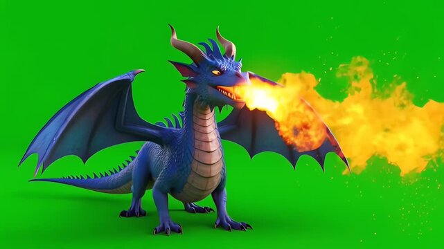 Animated blue dragon breathing fire.