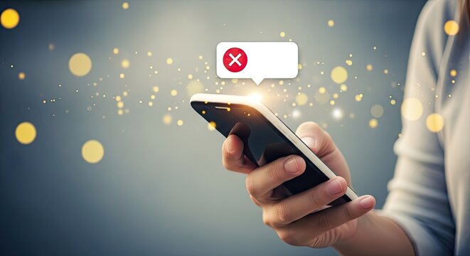 A person holding a smartphone with a blocked message symbol