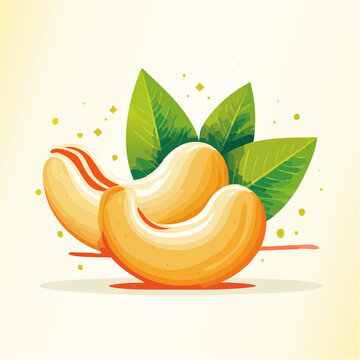 Cashew Nuts and Cashew Apples with Leaves on White Background