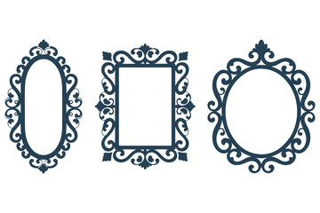 Decorative Victorian-style mirror frames. Antique filigree border collection for wedding invitations. Baroque flourishes and oval frame vector design elements. 