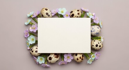 Fototapeta premium Easter Composition with Quail Eggs: A delicate arrangement of quail eggs, pastel flowers, and a blank card, capturing the freshness and anticipation of springtime.