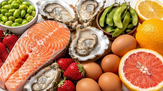 Foods high in zinc for boosting the immune system including oysters salmon and eggs. Healthy eating concept with fresh fruit vegetables and seafood for a balanced diet