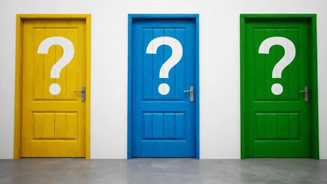 A row of colorful doors with question marks representing life choices and decisions. Business concept of opportunity, strategy, and finding the right solution for the future
