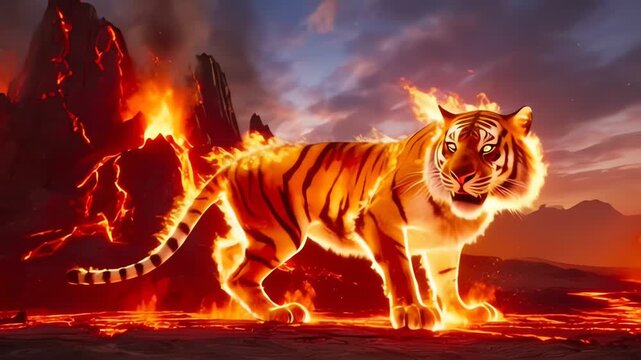Tiger on fire in mountain landscape.