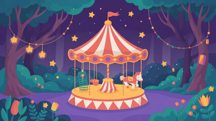 Obraz premium Vibrant nighttime scene of a colorful merry go round in a magical forest with twinkling lights and stars