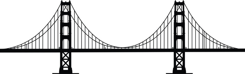 Obraz premium Suspension bridge silhouette icon, landmark architecture graphic, civil engineering symbol, structural design tool, black vector, white background