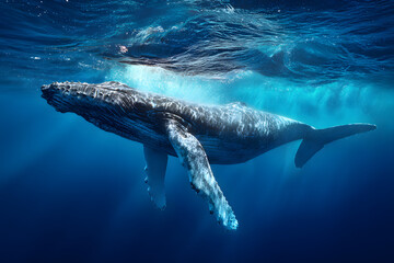 Fototapeta premium The surface of blue water is where a baby Humpback Whale is playing